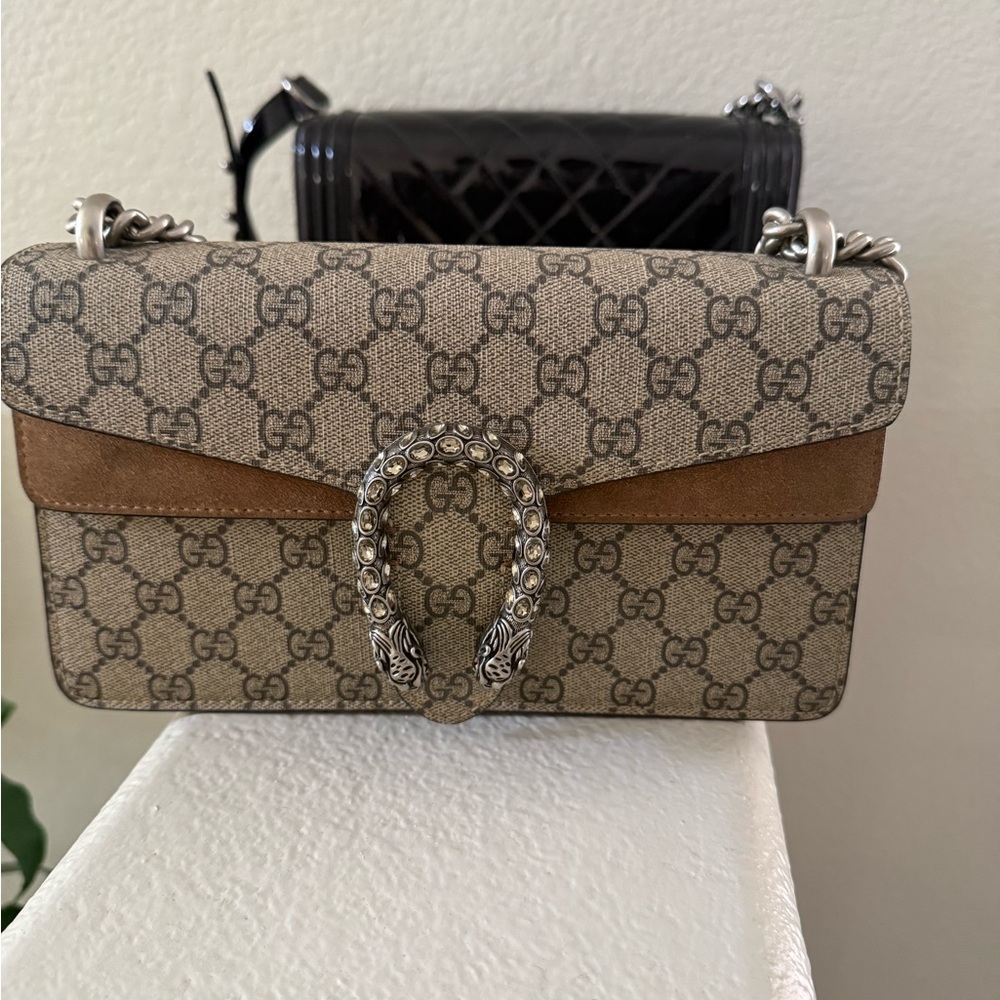 Gucci Beige and Brown GG Shoulder Bag with Silver Hardware